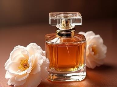 Luxury perfume bottle next to delicate flowers
