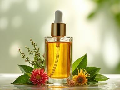 Elegant bottle of skincare serum with botanical elements