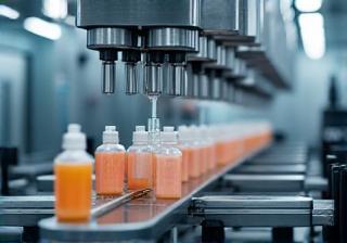 Automated filling machine in a cosmetic factory