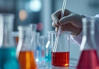 Chemist formulating cosmetic mixture in a beaker