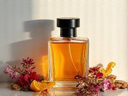 Elegant glass perfume bottle and raw fragrance ingredients