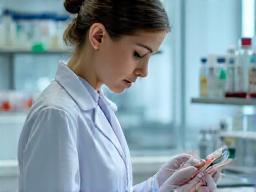 Quality control technician inspecting cosmetic product samples
